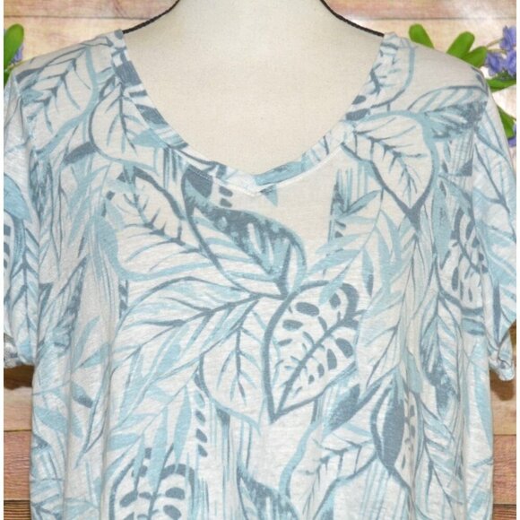 Tahari Womens Blue Linen V-Neck Short Sleeve Shirt Top Plus Size 1X Leaf Pattern - Picture 2 of 8